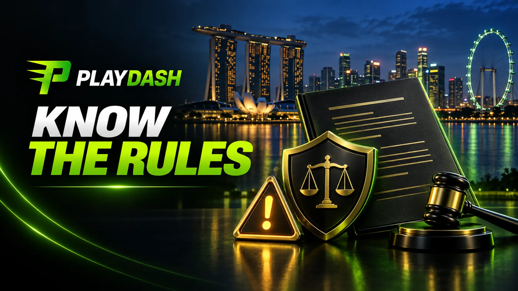 PlayDash Singapore legal guide illustration with a skyline, legal document, shield and warning icon