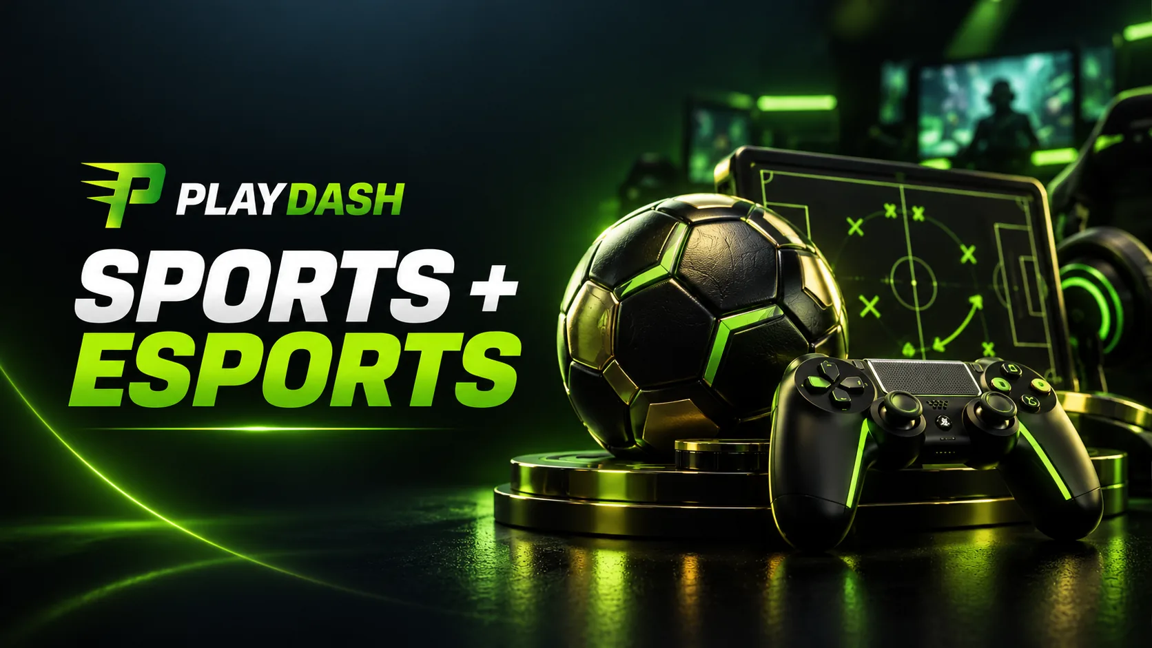 PlayDash sports and esports illustration with a football, tactics screen and controller