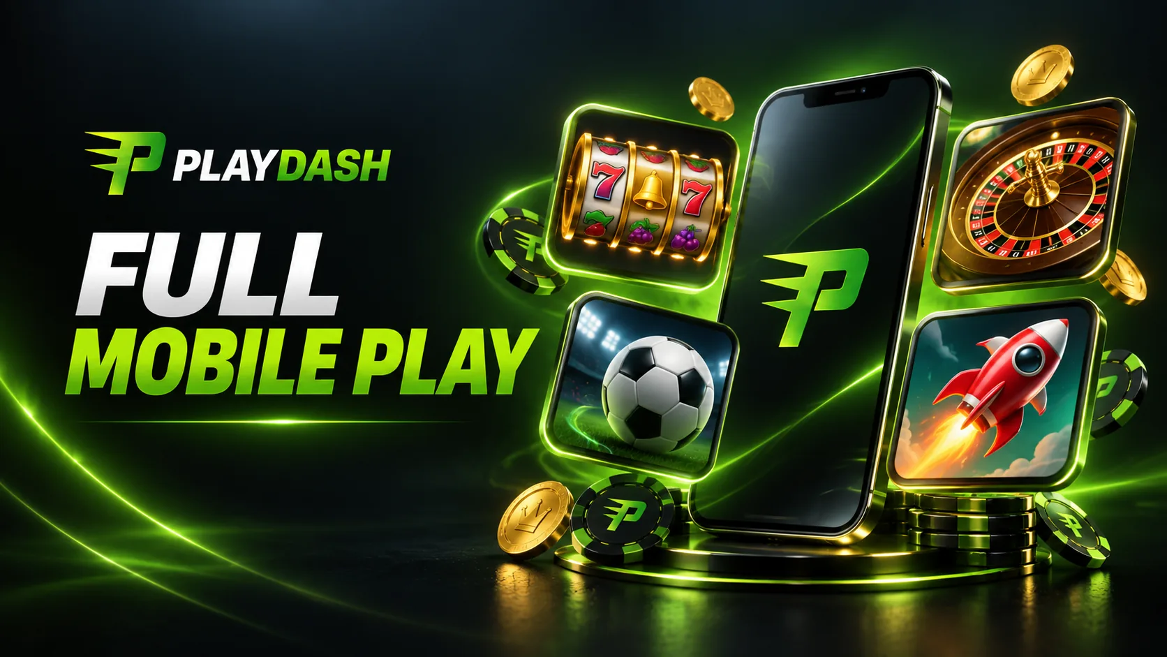 PlayDash mobile games, live casino, sports and instant games shown beside a smartphone