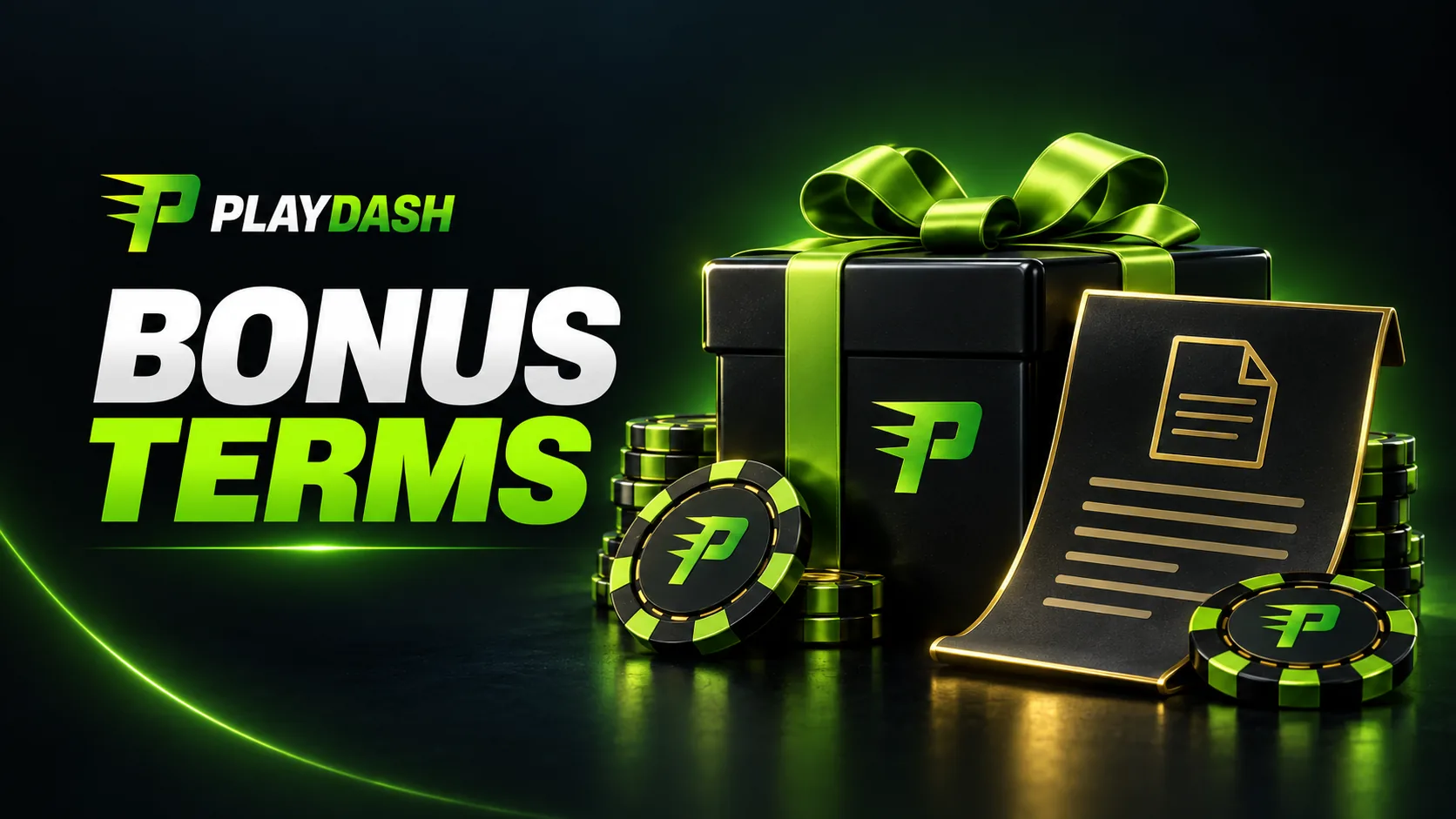 PlayDash bonus terms illustration with a gift box, terms document and casino chips
