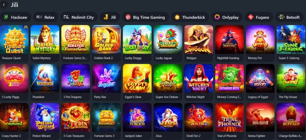 Jili games catalogue with Super Ace Deluxe, Fortune Gems 3, Money Coming and Crazy Hunter 2.