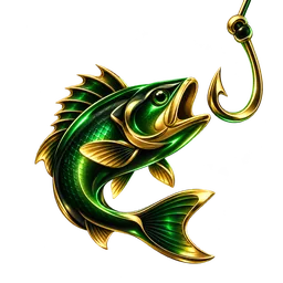 Emerald fish with a gold fishing hook, representing Jili fishing games.