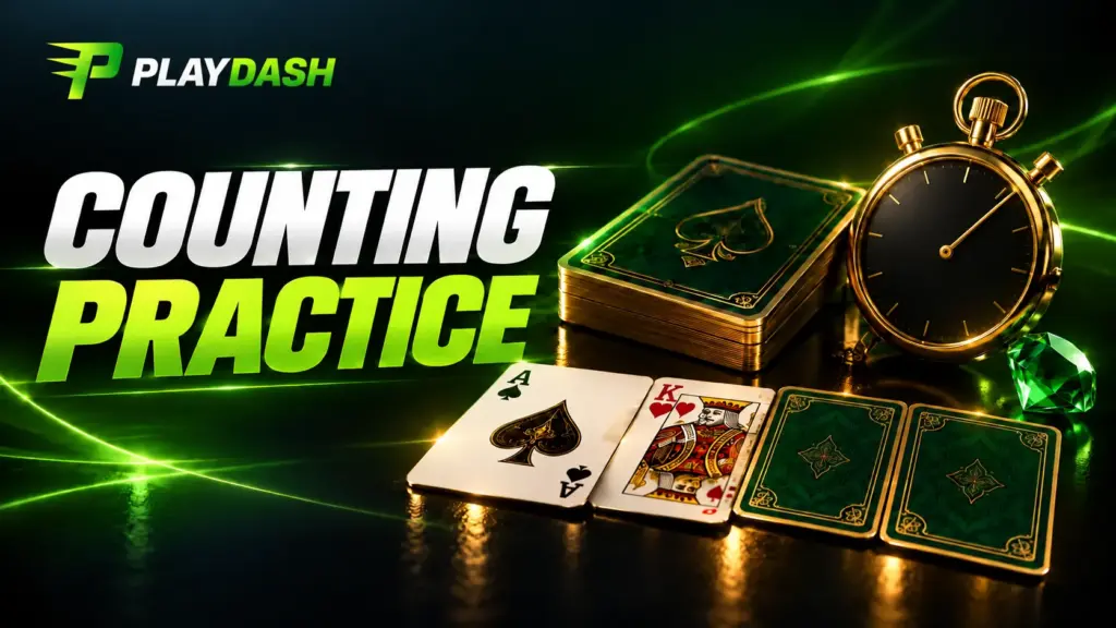 Playing-card deck and stopwatch beside the title Counting Practice