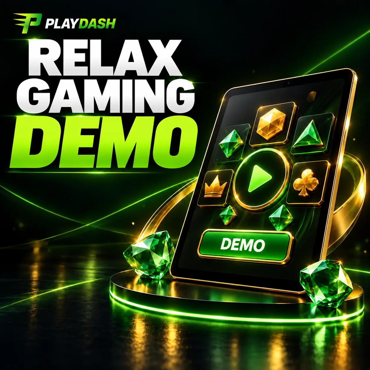 Relax Gaming demo concept with a tablet, abstract slot symbols and a Demo button.