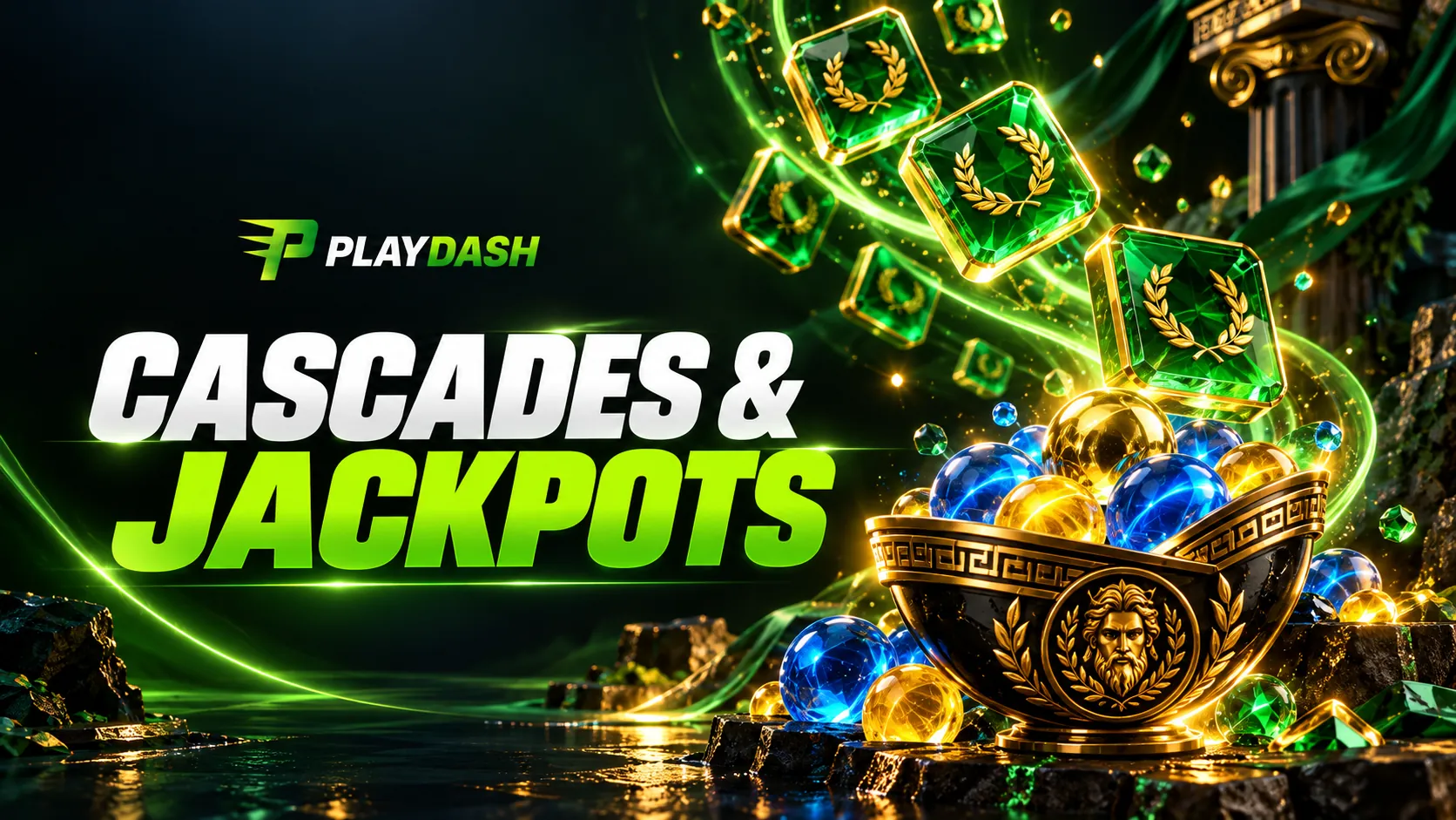 PlayDash logo and Cascades and Jackpots title beside falling emerald symbol tiles and glowing gold-trimmed balls