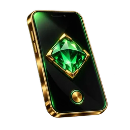 Gold-edged smartphone with an emerald game symbol, representing NextSpin mobile games.