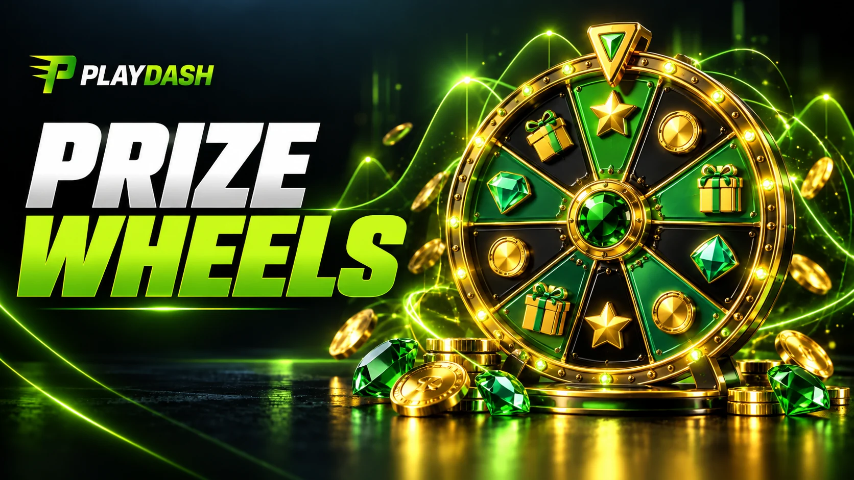 PlayDash prize wheel illustration with gold and emerald segments