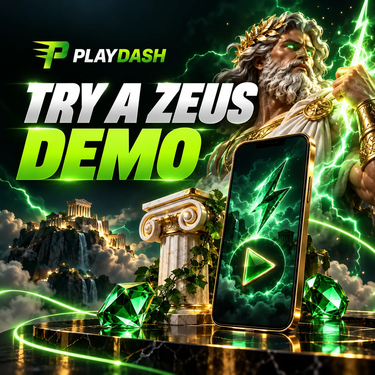 PlayDash logo and Try a Zeus Demo title beside a gold-edged phone with a decorative lightning motif