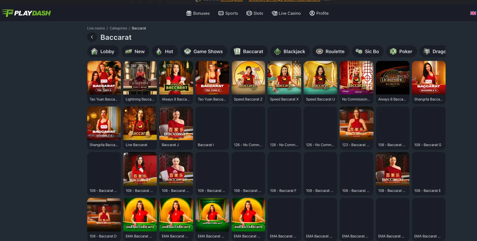 Baccarat category in the PlayDash live casino showing available game cards