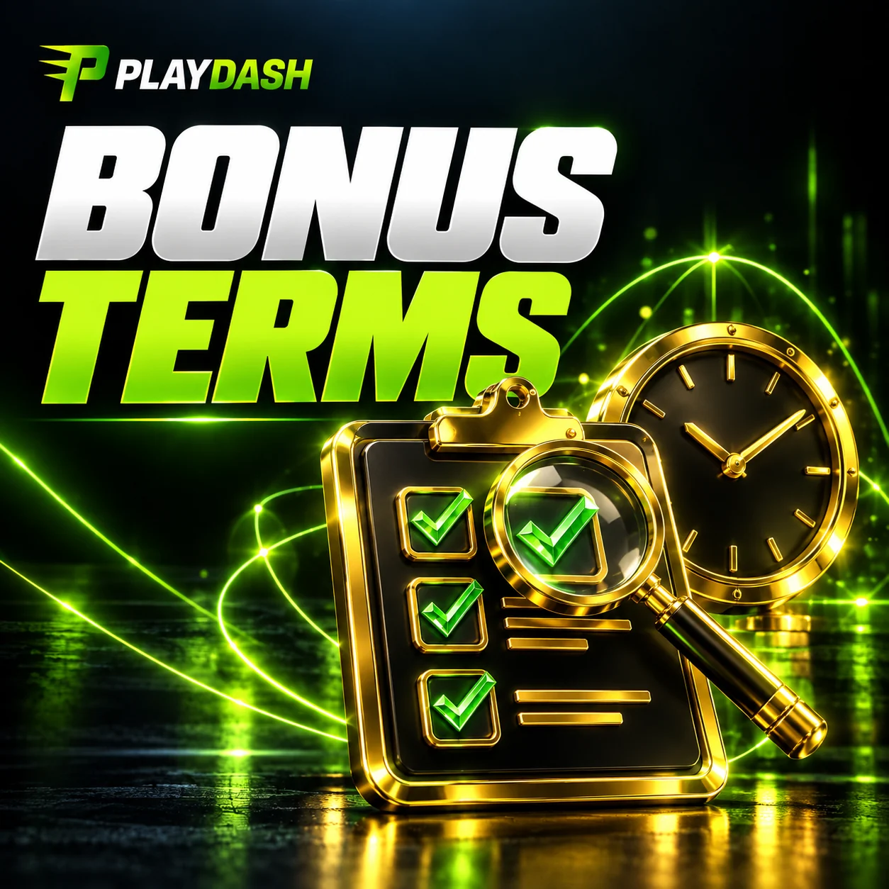 Bonus terms checklist with a magnifying glass and clock