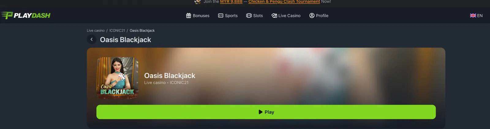 Oasis Blackjack by ICONIC21 on PlayDash showing the game cover and Play button
