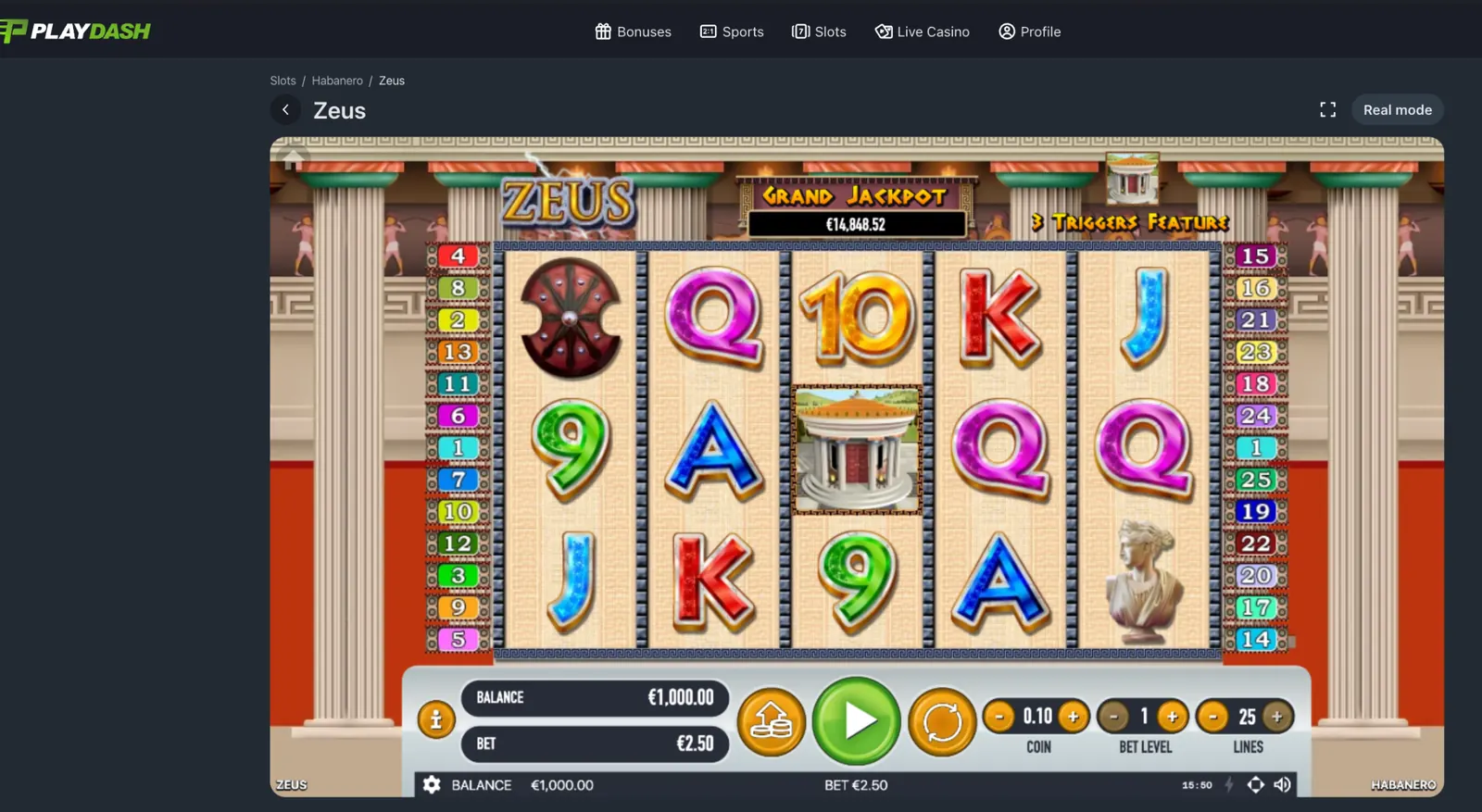 Habanero Zeus demo at PlayDash with five reels, 25 lines and the temple scatter