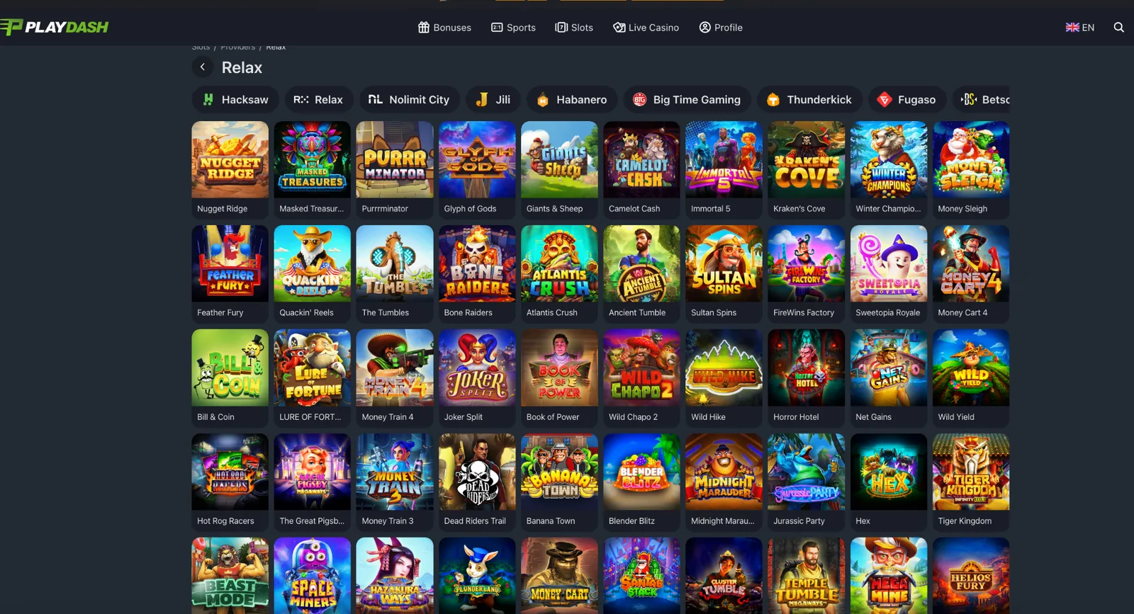 Relax Gaming catalogue on PlayDash with the Relax provider filter and available slot titles.