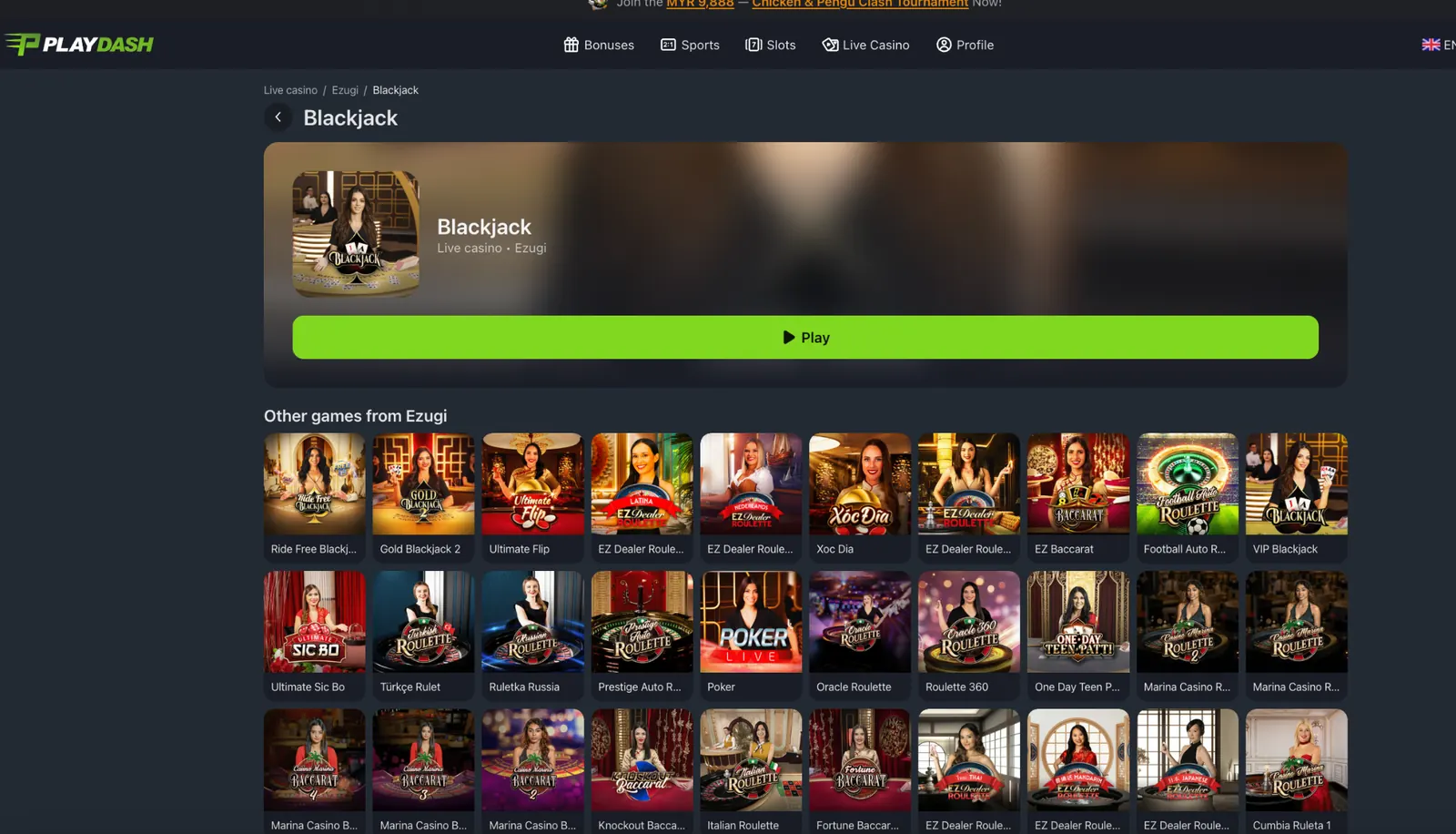 Ezugi Blackjack launch page on PlayDash with the game cover and other Ezugi games