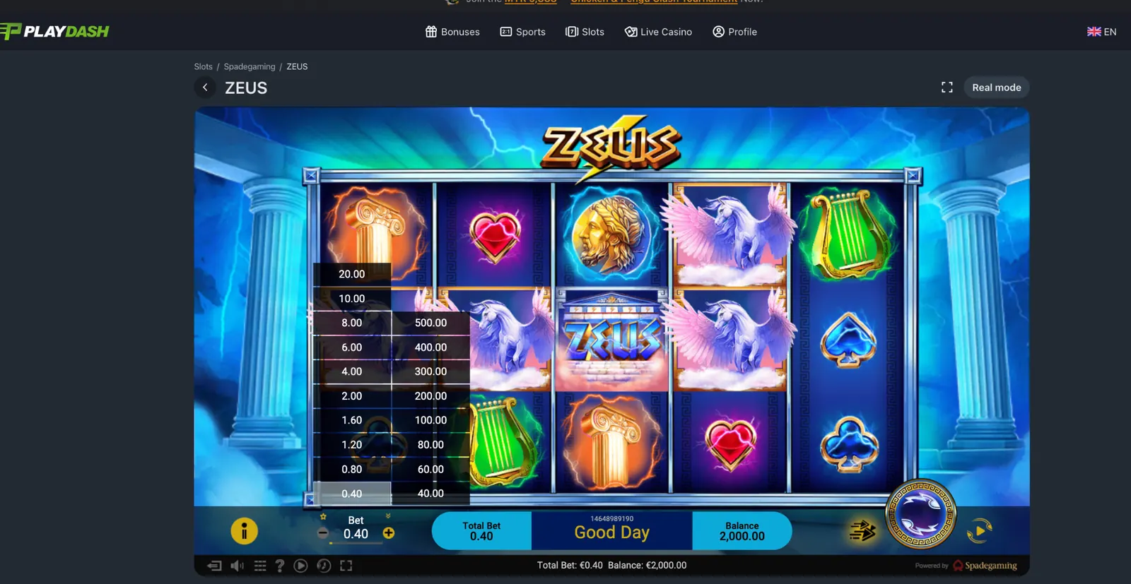 Spadegaming ZEUS demo at PlayDash with Greek-themed reels and an open stake menu