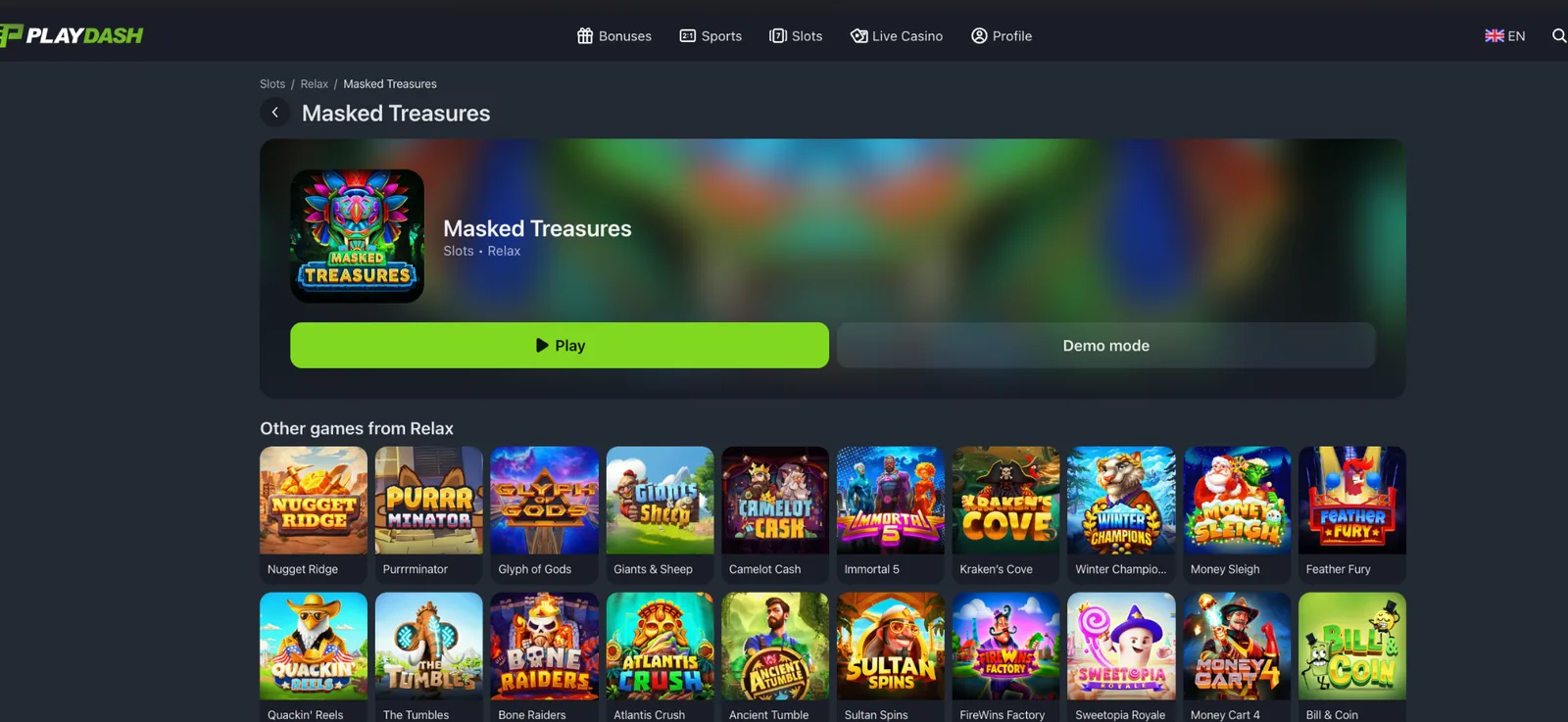 Masked Treasures on PlayDash with the Play and Demo mode buttons.