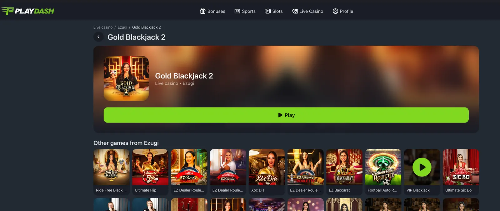 Gold Blackjack 2 by Ezugi on PlayDash showing the game cover and Play button