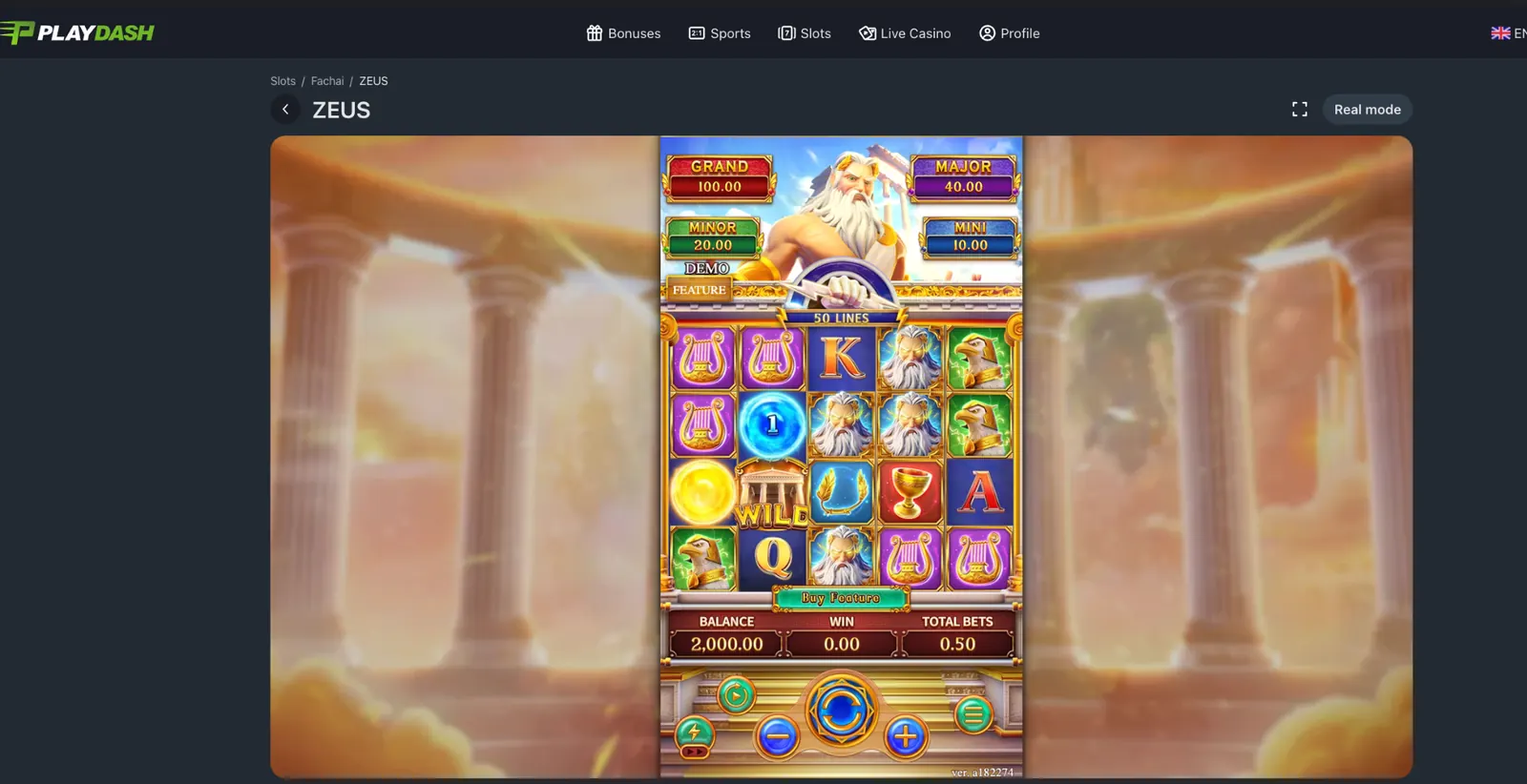 Fachai ZEUS demo at PlayDash showing 50 lines and four jackpot panels