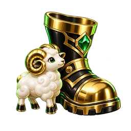 Small sheep beside a giant gold boot inspired by the Giants and Sheep theme.